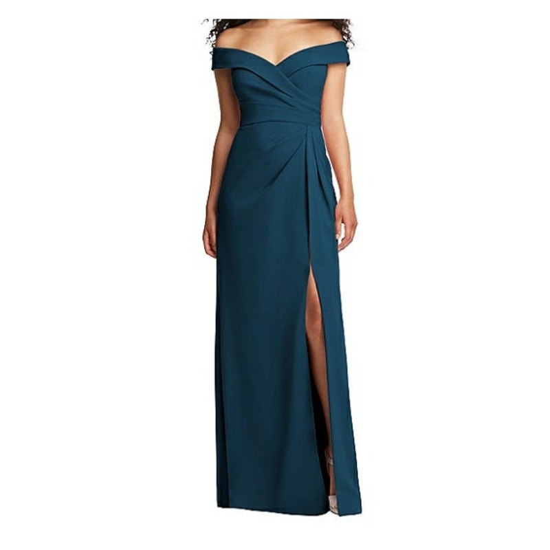 After Six Atlantic Blue Crepe Off Shoulder Draped Floor Length Dress 14r Nwt